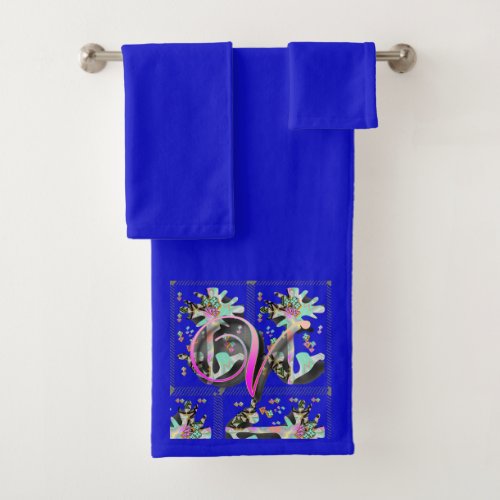 Monogram V on Deep Blue Bath Towel Set