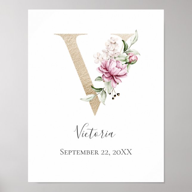 Monogram V Pink White Floral Gold Letter Nursery Poster (Front)