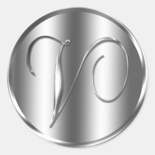 Monogram V Silver Color Wedding Invitation Holiday Classic Round Sticker