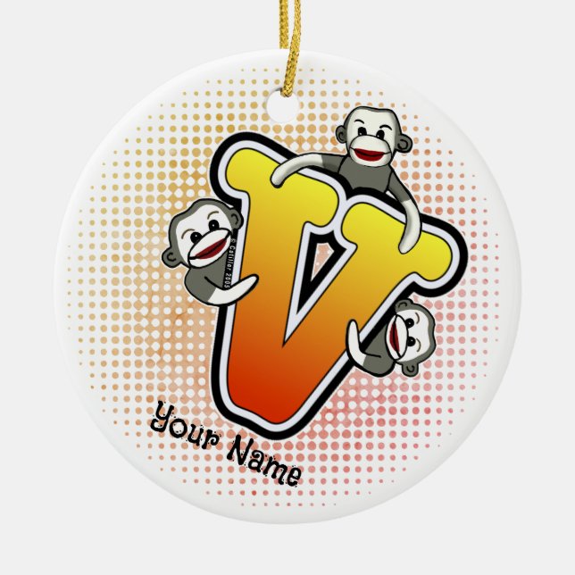 Monogram V Sock Monkey  Ceramic Ornament (Front)