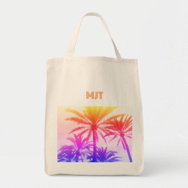 MONOGRAM vacation sunset custom RETRO PALM TREES Tote Bag (Front)