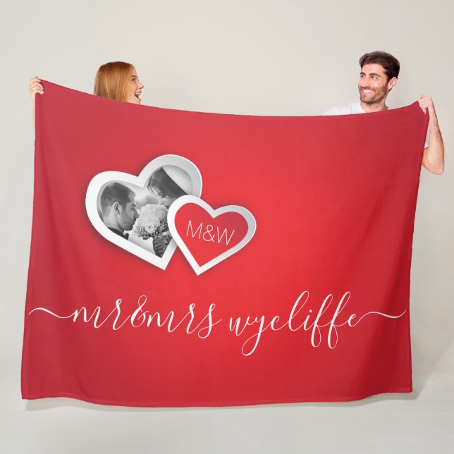 Monogram Valentine Paper Cutout Hearts Your Photo Fleece Blanket (In Situ)