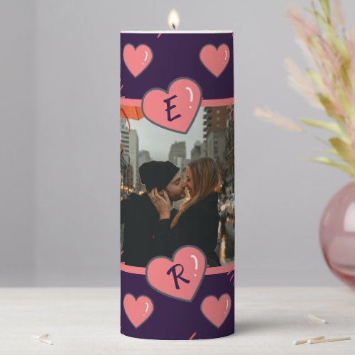 Monogram Valentines Photo  Hearts Purple Pillar Candle