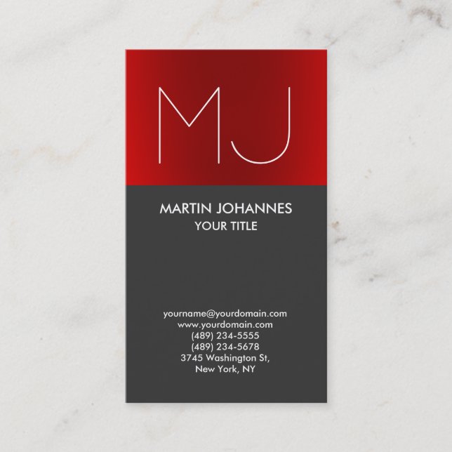Monogram Vertical Elegant Red Grey Business Card (Front)