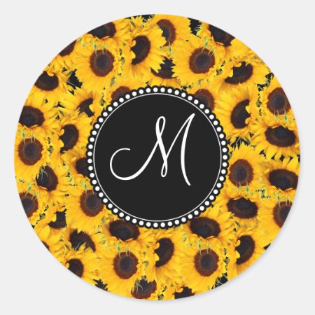 Monogram Vibrant Beautiful Sunflowers Floral Classic Round Sticker