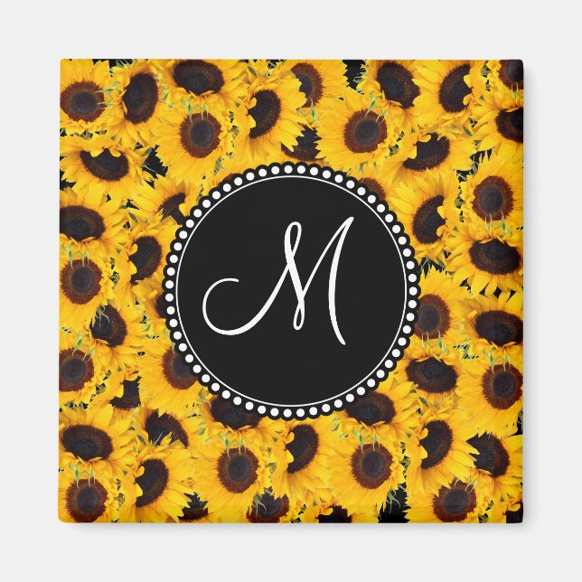 Monogram Vibrant Beautiful Sunflowers Floral Magnet (Front)