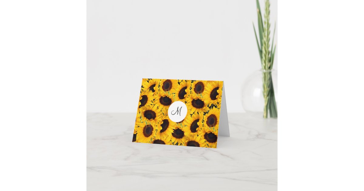 Monogram Vibrant Beautiful Sunflowers Floral Note Card | Zazzle