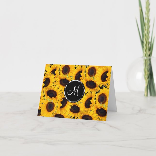 Monogram Vibrant Beautiful Sunflowers Floral Note Card (Front)