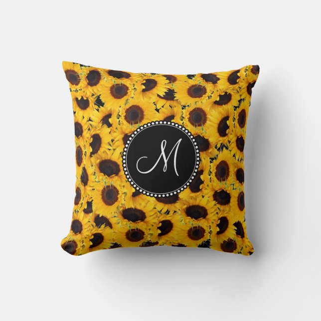 Monogram Vibrant Beautiful Sunflowers Floral Throw Pillow (Front)