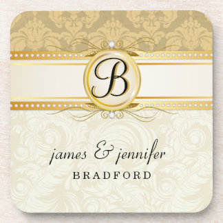 Monogram Victorian Gold Damask Cork Coaster Set
