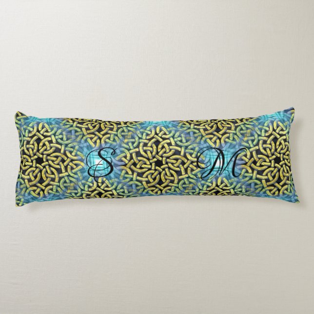 Monogram Victorian Golden Trim Aqua Background Body Pillow (Back)