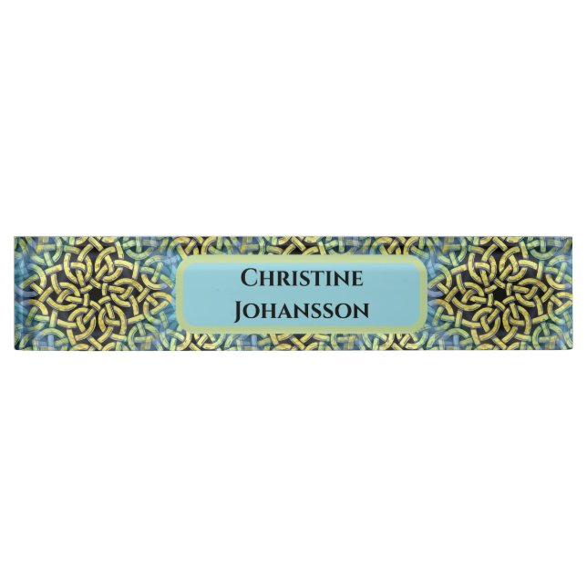 Monogram Victorian Golden Trim Aqua Background Desk Name Plate (Front)