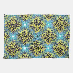 Monogram Victorian Golden Trim Aqua Background Kitchen Towel