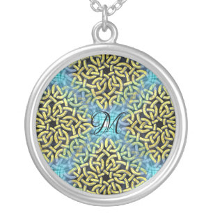 Monogram Victorian Golden Trim Aqua Background Silver Plated Necklace