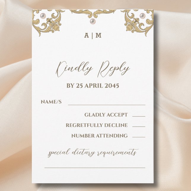 Monogram Victorian Pearl Vintage Wedding RSVP Card (Creator Uploaded)