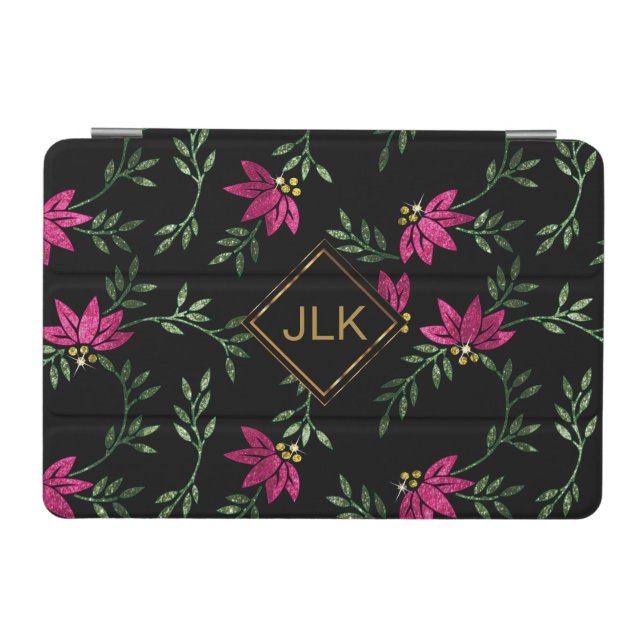 Monogram Victorian Pink Glitter Floral iPad Mini Cover (Horizontal)