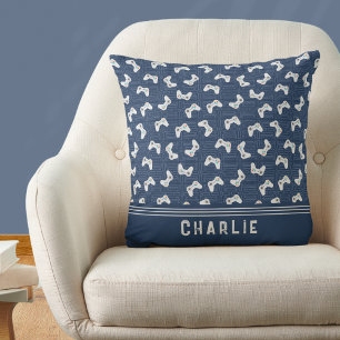 Monogram Video Gamer Pattern Custom Name Throw Pillow