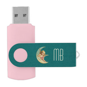 Monogram Vintage Angel sitting on a crescent moon USB Flash Drive