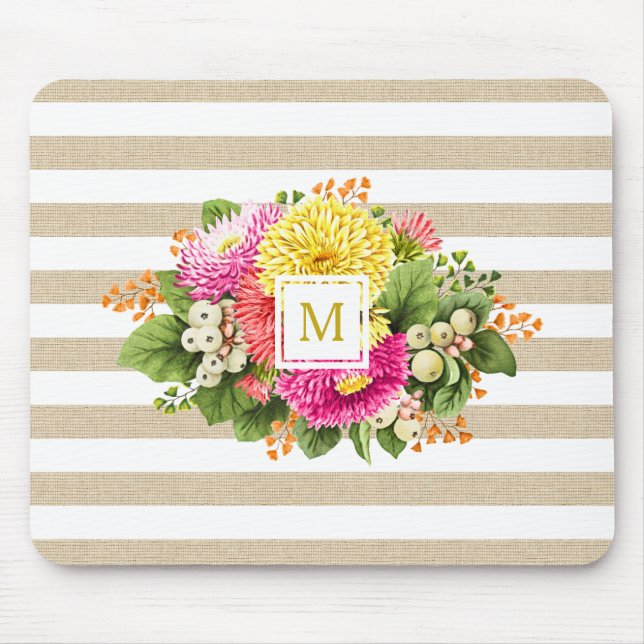 Monogram Vintage Asters Hot Pink Shabby Mousepad (Front)