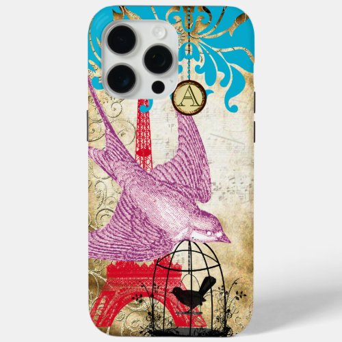 Monogram Vintage Bird Effiel Tower Damask iPhone 5 iPhone 15 Pro Max Case