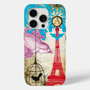Monogram Vintage Bird Effiel Tower Damask iPhone 15 Pro Case