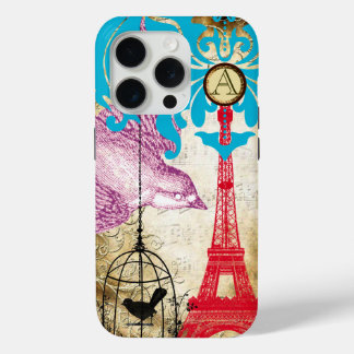 Monogram Vintage Bird Effiel Tower Damask iPhone 15 Pro Case