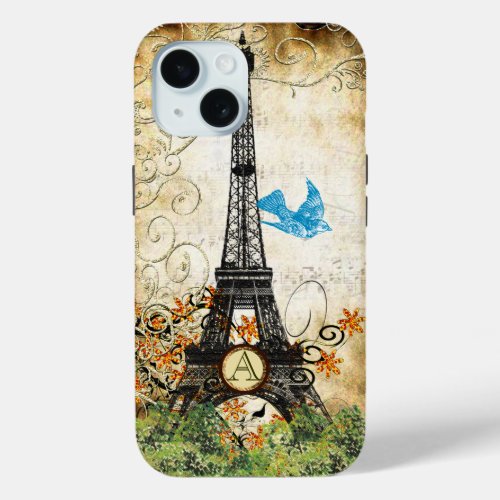 Monogram Vintage Bird Eiffel Tower iPhone 15 Case