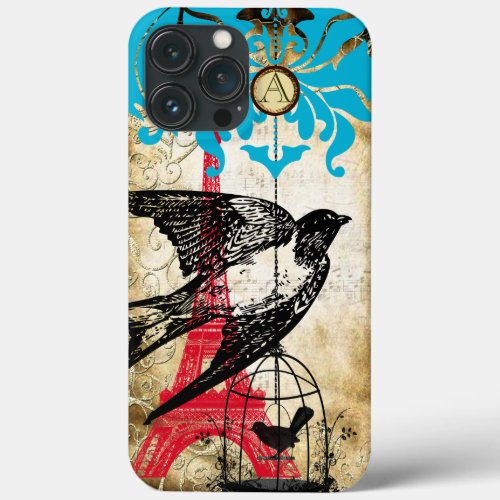 Monogram Vintage Bird Eiffiel Tower Steampunk iPhone 13 Pro Max Case