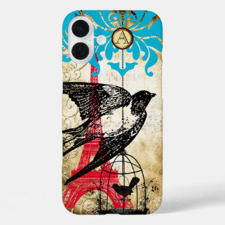 Monogram Vintage Bird Eiffiel Tower Steampunk iPhone 16 Plus Case