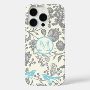 Monogram Vintage Bird Gray Ivory Aqua Blue iPhone 16 Pro Case