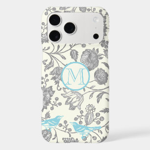 Monogram Vintage Bird Gray Ivory Aqua Blue  iPhone 17 Pro Max Case