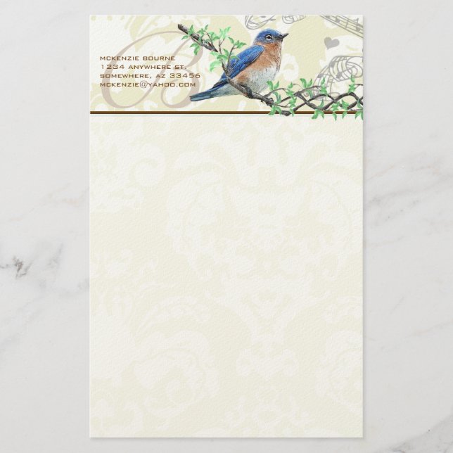 Monogram Vintage Bird Musical Branch Stationery (Front)