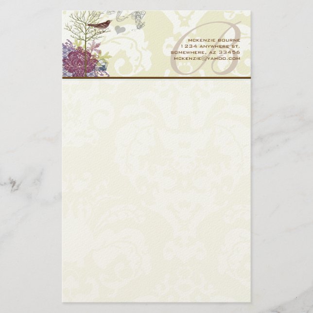 Monogram Vintage Bird Musical Damask  Stationery (Front)