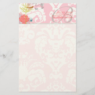 Monogram Vintage Bird Musical Damask  Stationery