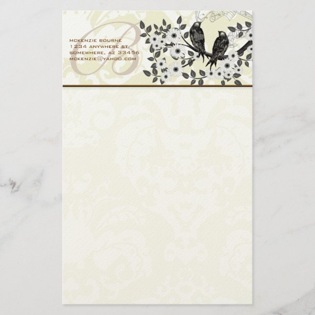 Monogram Vintage Birds Daisy Branch Stationery (Front)