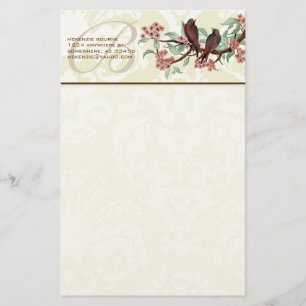 Monogram Vintage Birds Flowering Branch Stationery