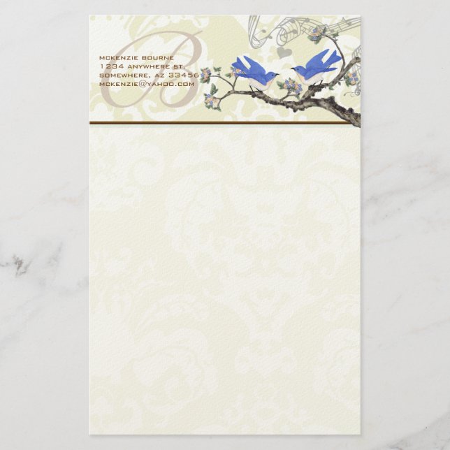 Monogram Vintage Birds Flowering Branch Stationery (Front)