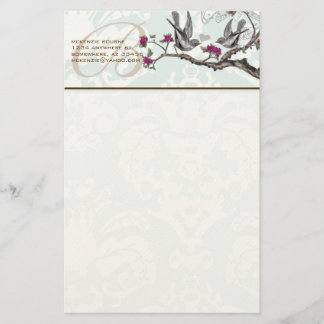 Monogram Vintage Birds Plum Flowers Stationery