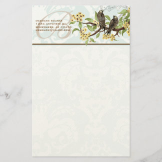 Monogram Vintage Birds Yellow Flowers Stationery