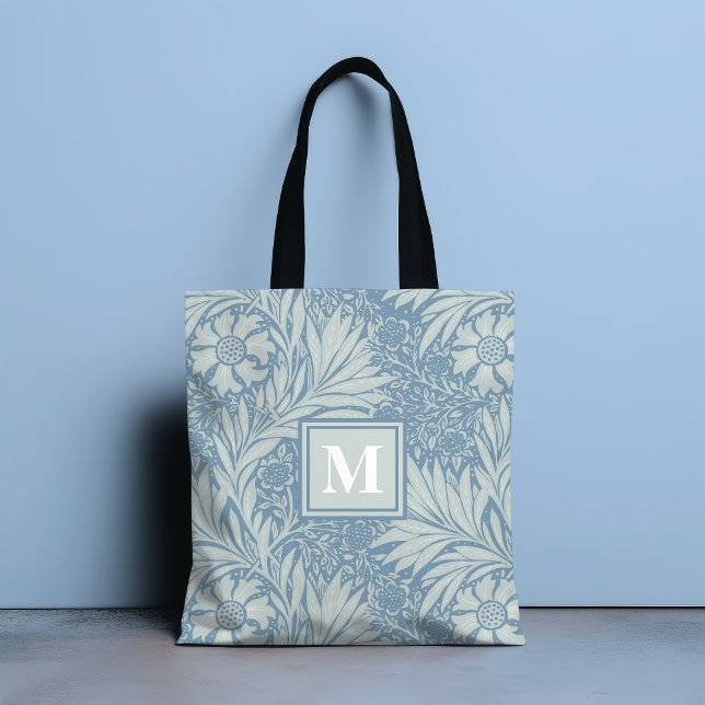 Monogram Vintage Blue Floral Pattern Tote Bag (Creator Uploaded)