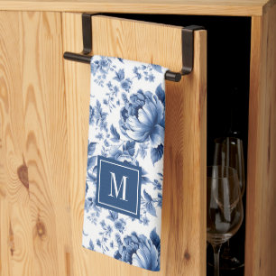 Monogram Vintage Blue White Floral Roses Kitchen Towel