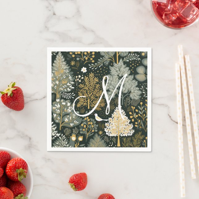 Monogram Vintage Boho Green Gold Christmas Trees Napkins (Insitu)