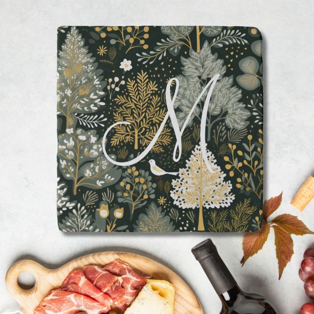 Monogram Vintage Boho Green Gold Christmas Trees Trivet (Monogram Vintage White Gold Green Christmas Trees Holiday Trivet Gift)