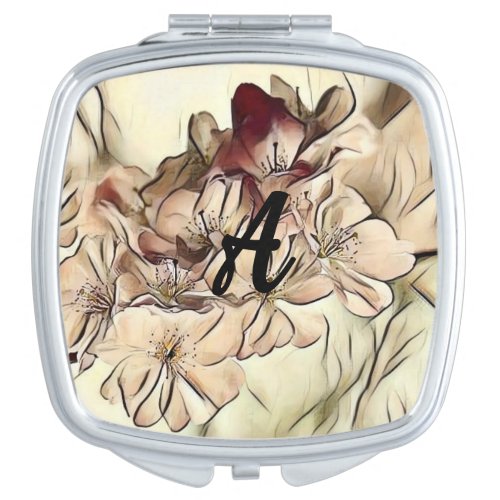 Monogram Vintage brown cherry blossoms drawing  Compact Mirror