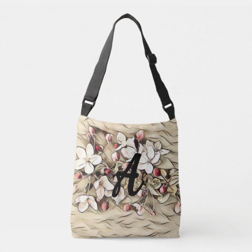 Monogram Vintage brown cherry blossoms drawing  Crossbody Bag