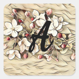 Monogram Vintage brown cherry blossoms drawing  Square Sticker