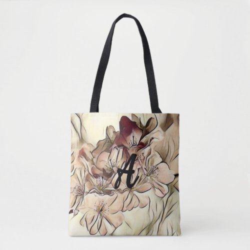 Monogram Vintage brown cherry blossoms drawing  Tote Bag