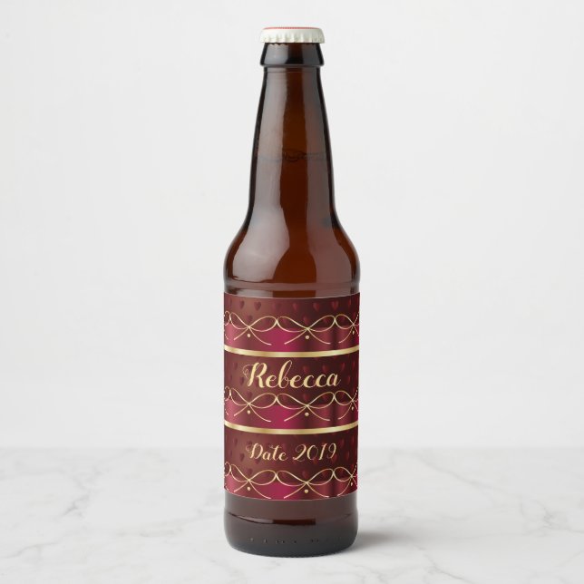 Monogram Vintage Burgundy Color Luxury Gold Decor Beer Bottle Label (Front)