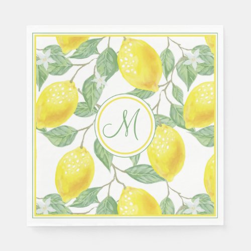 Monogram Vintage Chic Lemons Leaves and Flowers Napkins