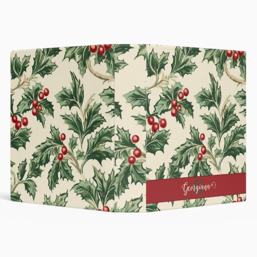 Monogram Vintage Christmas Holly &amp; Berries Pattern 3 Ring Binder